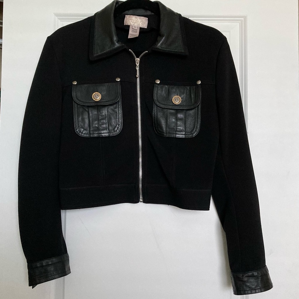 Cache Vintage Genuine Leather and Knit Cropped Moto Jacket Size S